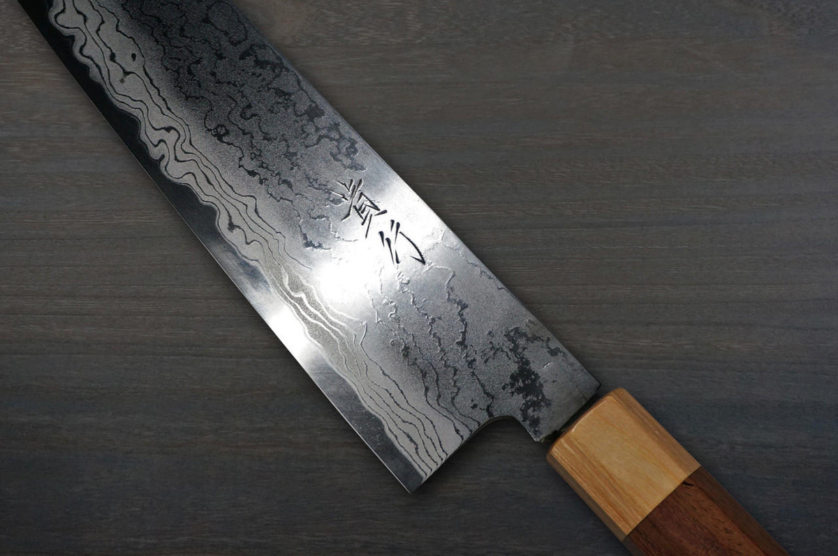 Takayuki Iwai Aogami No.2 Damascus FUMON RS8P Japanese Chef's Gyuto Knife 240mm with White-Ring Octagonal Handle 