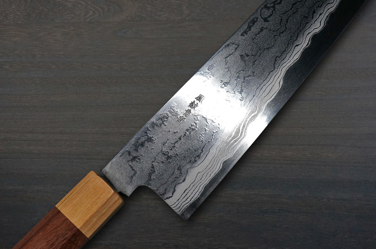 Takayuki Iwai Aogami No.2 Damascus FUMON RS8P Japanese Chef's Gyuto Knife 240mm with White-Ring Octagonal Handle 