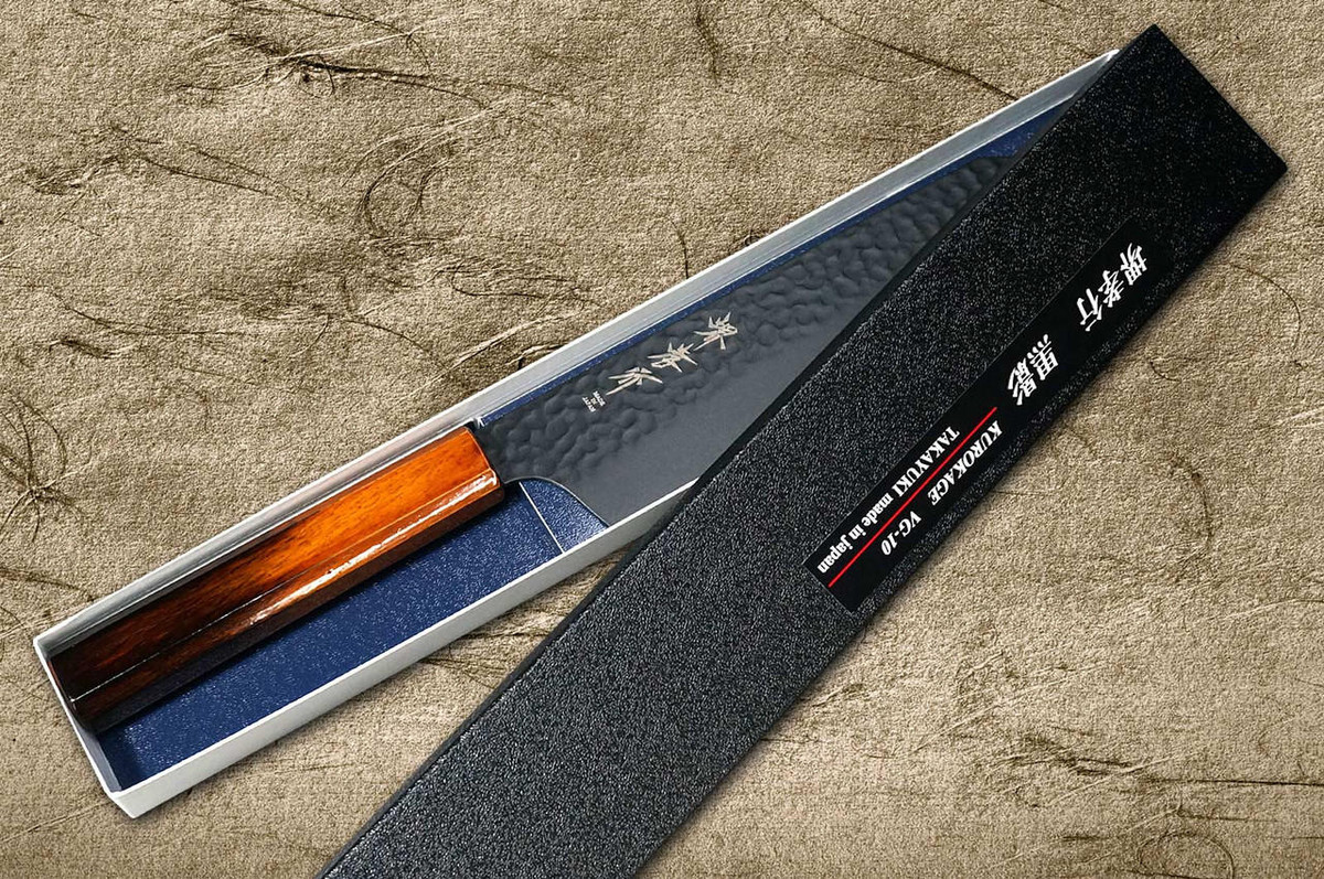 Sakai Takayuki Non-Stick Coating VG10 Hammered WA KUROKAGE Japanese Chef's Kengata-Santoku Knife 160mm with Japanese Lacquered Gloss Oak Handle 