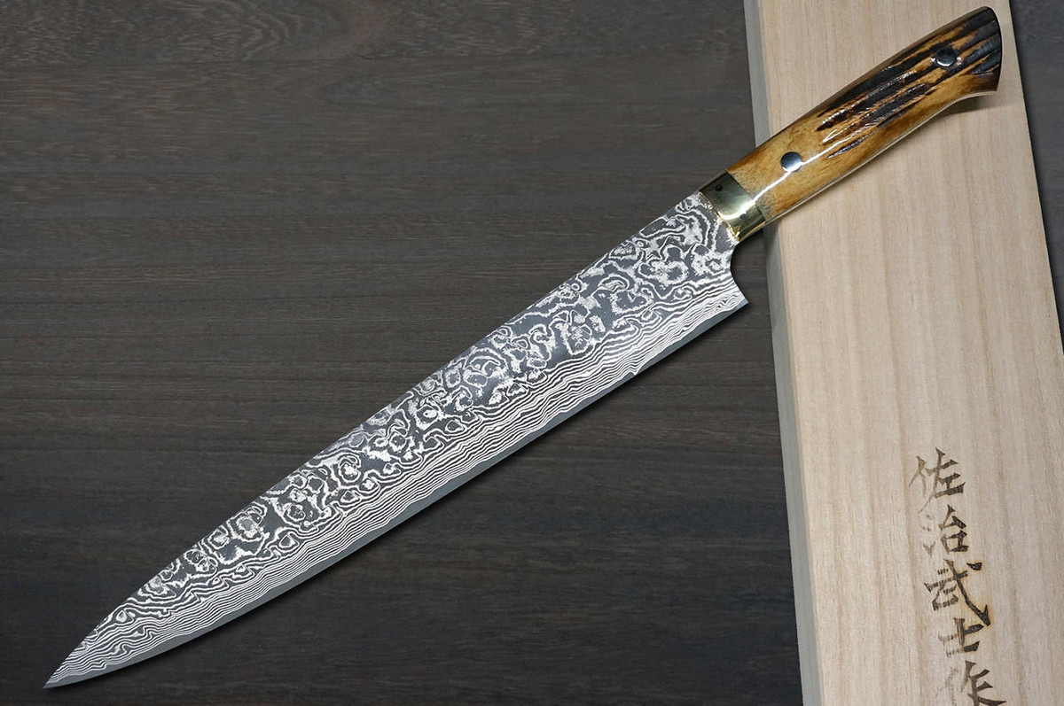 Takeshi Saji R2(SG2) Black Damascus DHM Japanese Chef's Slicer(Sujihiki) 270mm with Brown Antler Handle 