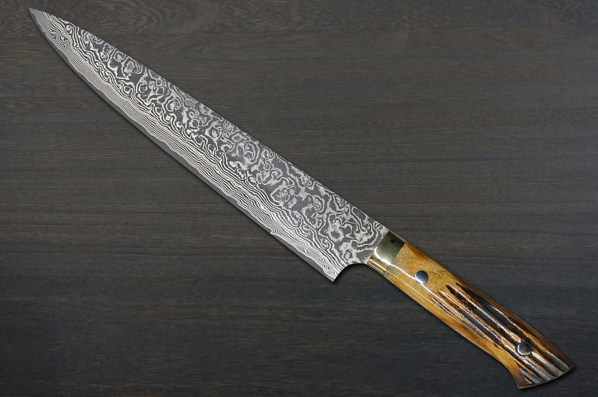 Takeshi Saji R2(SG2) Black Damascus DHM Japanese Chef's Slicer(Sujihiki) 270mm with Brown Antler Handle 