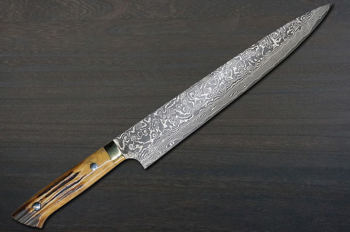 Takeshi Saji R2(SG2) Black Damascus DHM Japanese Chef's Slicer(Sujihiki) 270mm with Brown Antler Handle 