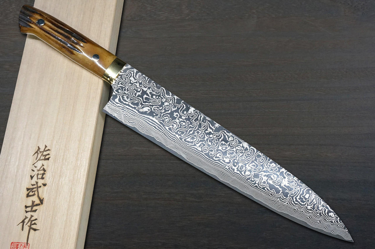 Takeshi Saji R2(SG2) Black Damascus DHM Japanese Chef's Gyuto Knife 270mm with Brown Antler Handle 