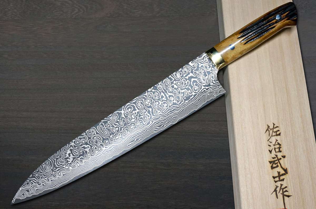 Takeshi Saji R2(SG2) Black Damascus DHM Japanese Chef's Gyuto Knife 270mm with Brown Antler Handle 