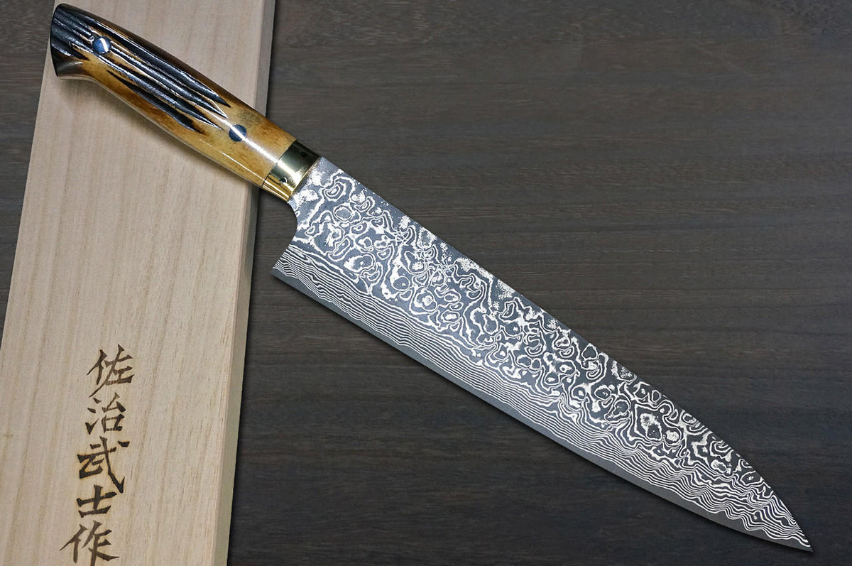 Takeshi Saji R2(SG2) Black Damascus DHM Japanese Chef's Gyuto Knife 240mm with Brown Antler Handle 