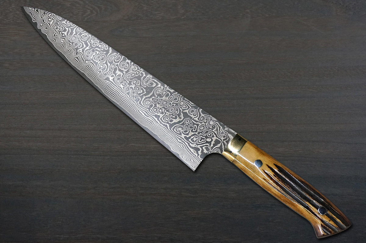 Takeshi Saji R2(SG2) Black Damascus DHM Japanese Chef's Gyuto Knife 240mm with Brown Antler Handle 