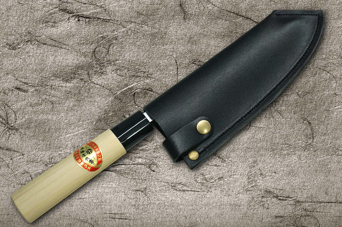 Natural Leather Knife Cover Saya Sheath Deba Knife 165mm [Brass Button] 