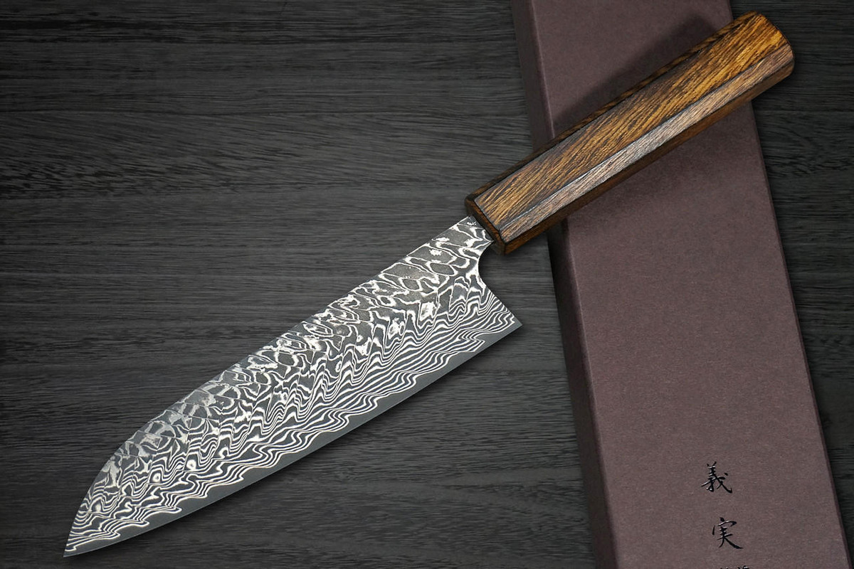 Yoshimi Kato R2 Black Damascus OK8M Japanese Chef's Santoku Knife 170mm with Urushi Lacquered Oak Handle 