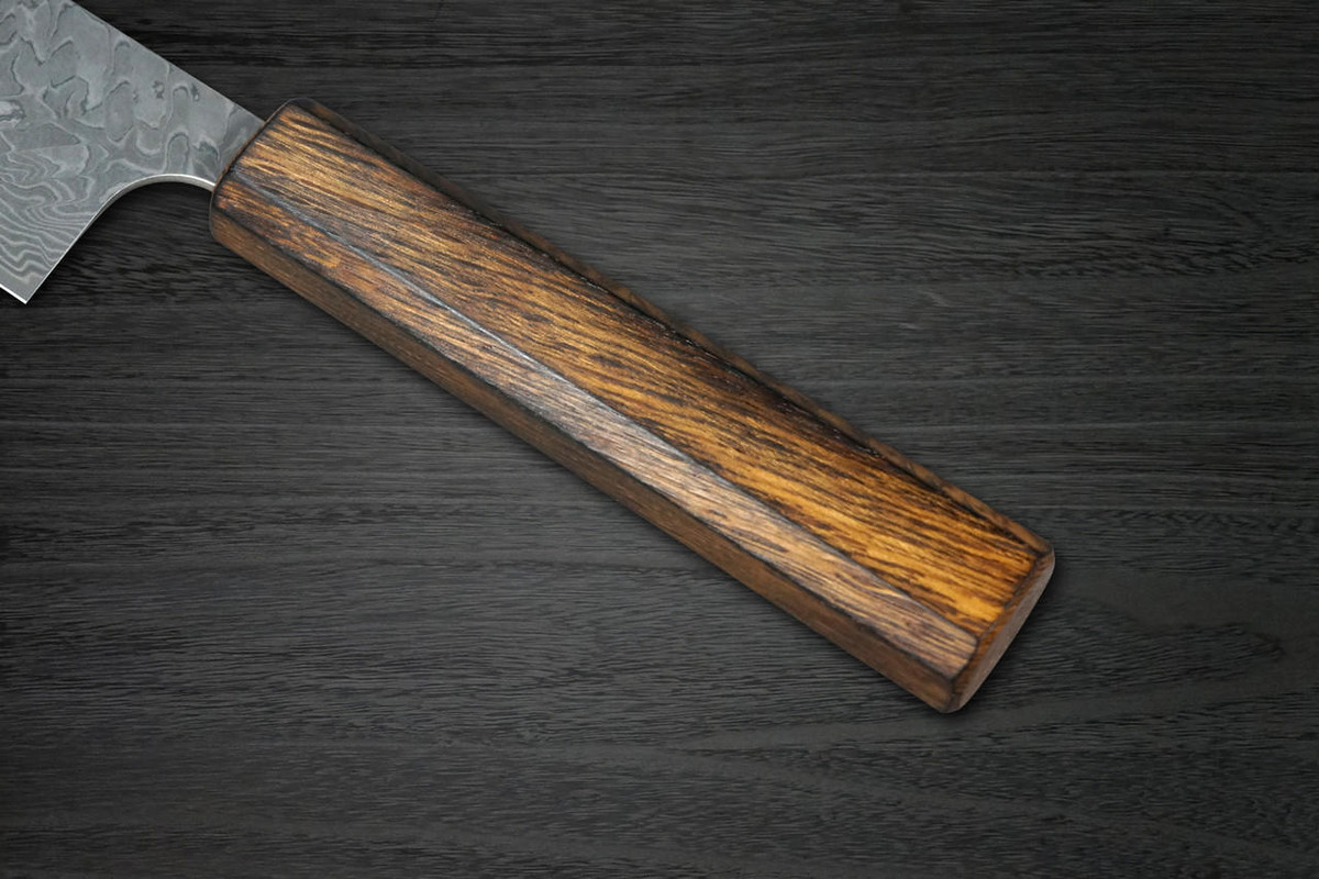 Yoshimi Kato R2 Black Damascus OK8M Japanese Chef's Santoku Knife 170mm with Urushi Lacquered Oak Handle 