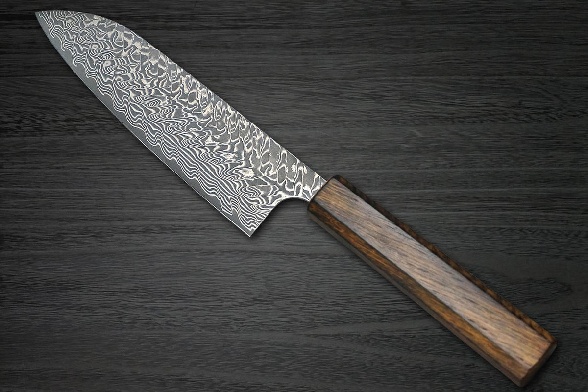 Yoshimi Kato R2 Black Damascus OK8M Japanese Chef's Santoku Knife 170mm with Urushi Lacquered Oak Handle 