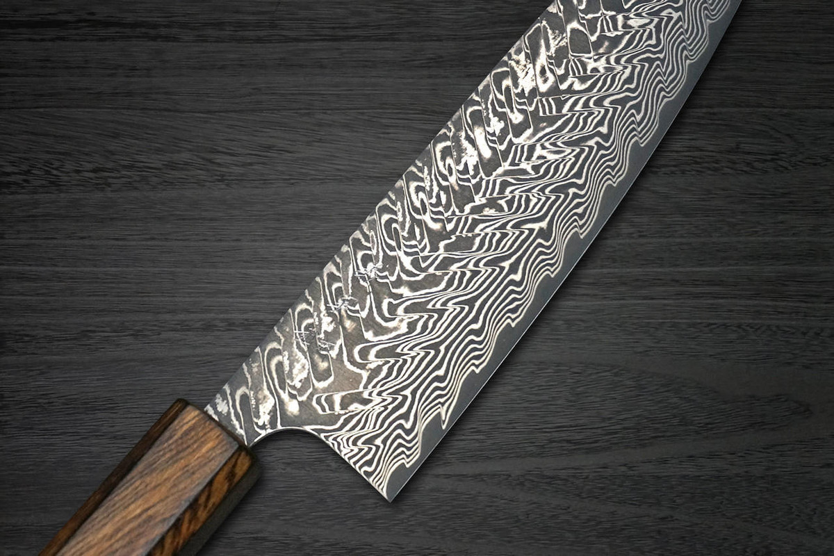 Yoshimi Kato R2 Black Damascus OK8M Japanese Chef's Santoku Knife 170mm with Urushi Lacquered Oak Handle 