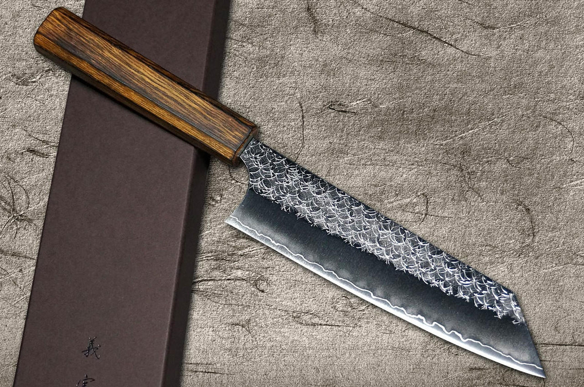 Yoshimi Kato R2 MINAMO Hammered OK8B Japanese Chef's Bunka Knife 170mm with Urushi Lacquered Oak Handle Dark Brown 