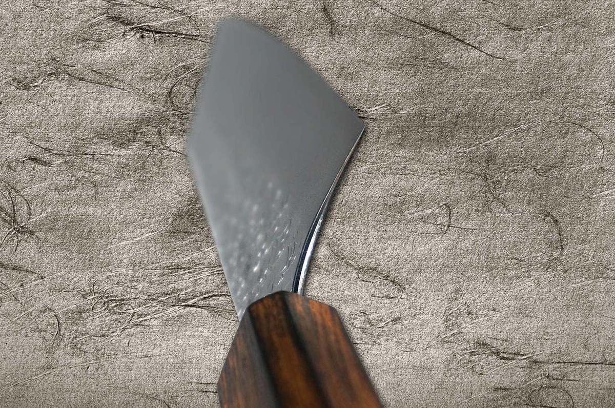 Yoshimi Kato R2 MINAMO Hammered OK8B Japanese Chef's Bunka Knife 170mm with Urushi Lacquered Oak Handle Dark Brown 