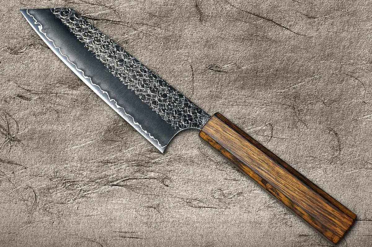 Yoshimi Kato R2 MINAMO Hammered OK8B Japanese Chef's Bunka Knife 170mm with Urushi Lacquered Oak Handle Dark Brown 