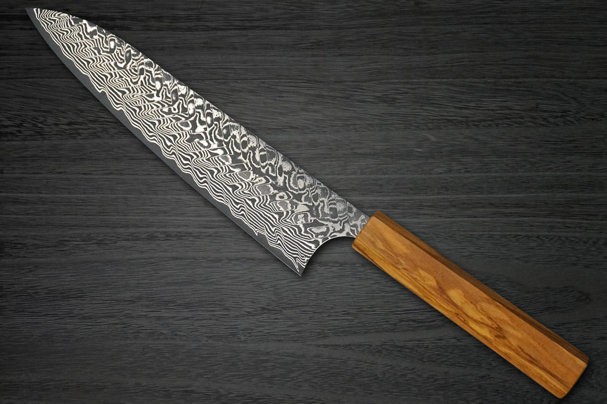 Yoshimi Kato R2 Black Damascus OL8N Japanese Chef's Gyuto Knife 210mm with Olive Handle 