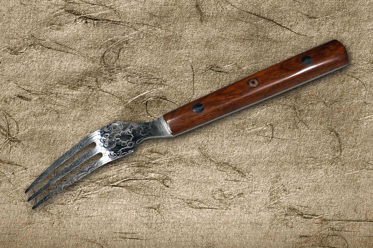 Takeshi Saji R2 Diamond Finish Damascus IRN Japanese Chef's Steak Knife and Fork SET with Desert Ironwood Handle 