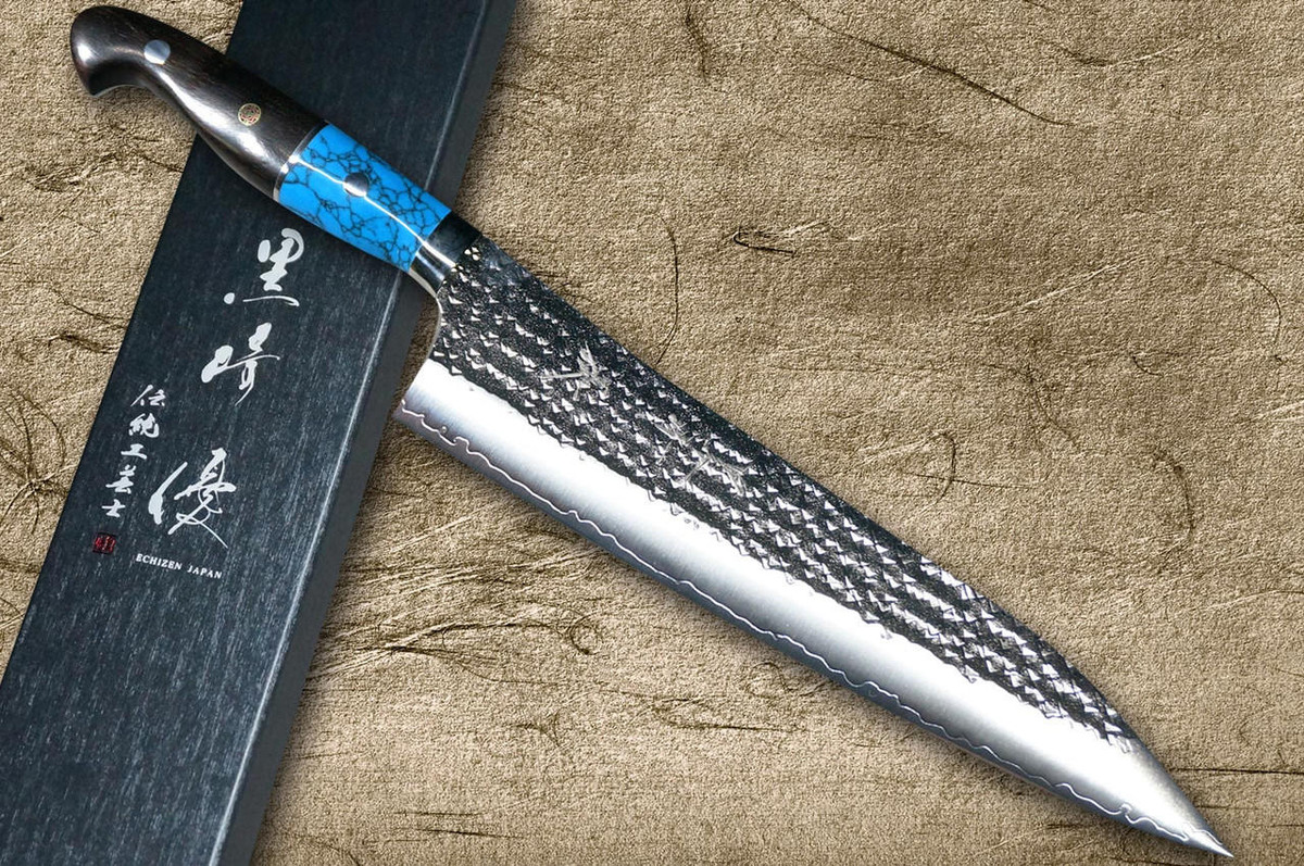 Yu Kurosaki R2(SG2) Hammered SENKO-EI Custom TCAEB Japanese Chef's Gyuto Knife 240mm with Blue Turquoise & Ebony Handle 