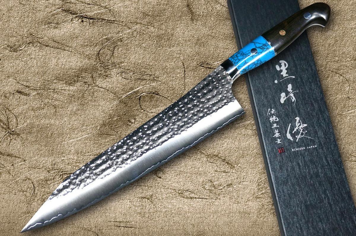 Yu Kurosaki R2(SG2) Hammered SENKO-EI Custom TCAEB Japanese Chef's Gyuto Knife 240mm with Blue Turquoise & Ebony Handle 