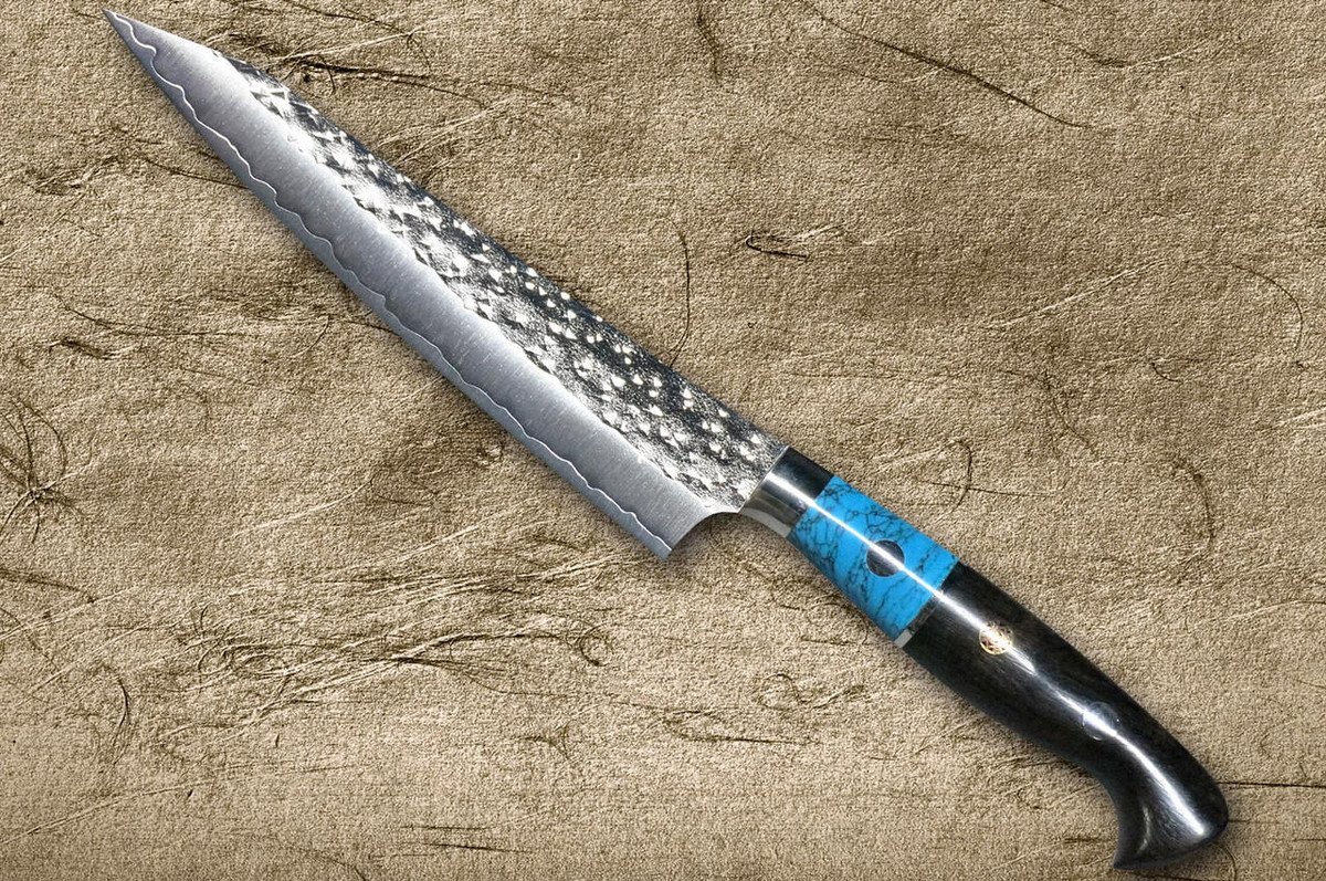Yu Kurosaki R2(SG2) Hammered SENKO-EI Custom TCAEB Japanese Chef's Petty Knife(Utility) 150mm with Blue Turquoise & Ebony Handle 