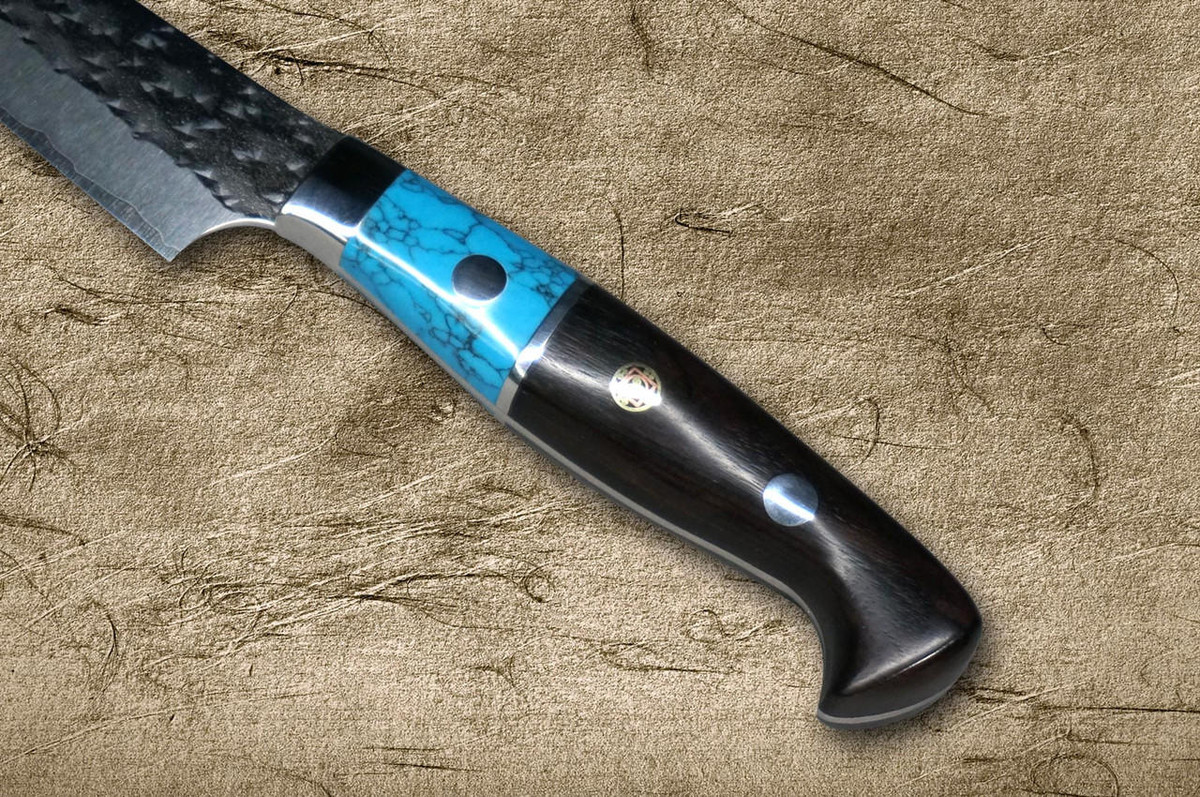 Yu Kurosaki R2(SG2) Hammered SENKO-EI Custom TCAEB Japanese Chef's Petty Knife(Utility) 150mm with Blue Turquoise & Ebony Handle 