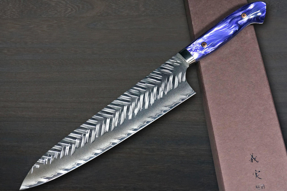 Yoshimi Kato R2 Bamboo-Hammered Japanese Chef's Gyuto Knife 240mm with Purple-White Resin Custom Handle 