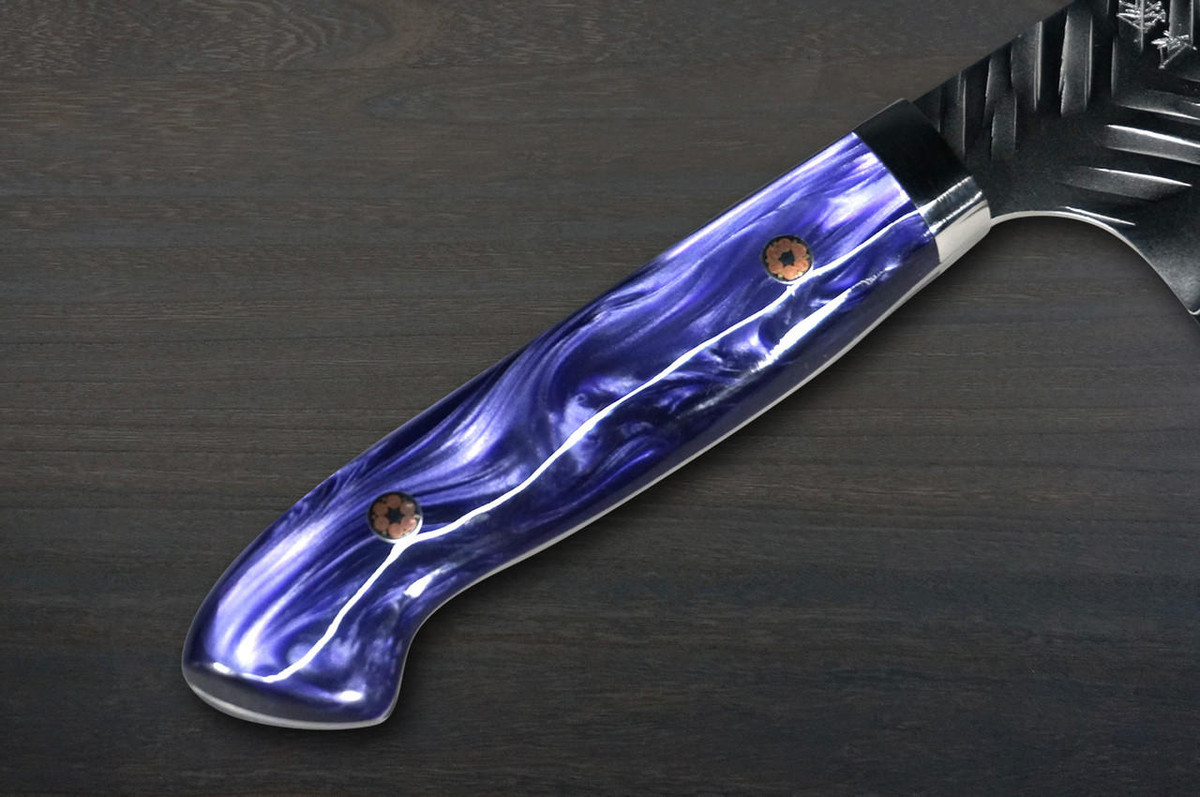 Yoshimi Kato R2 Bamboo-Hammered Japanese Chef's Gyuto Knife 240mm with Purple-White Resin Custom Handle 
