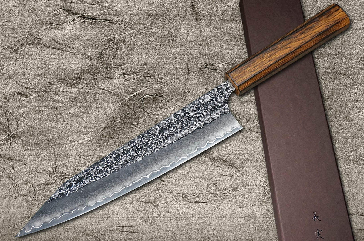 Yoshimi Kato R2 MINAMO Hammered OK8B Japanese Chef's Kengata-Gyuto Knife 210mm with Urushi Lacquered Oak Handle Dark Brown 
