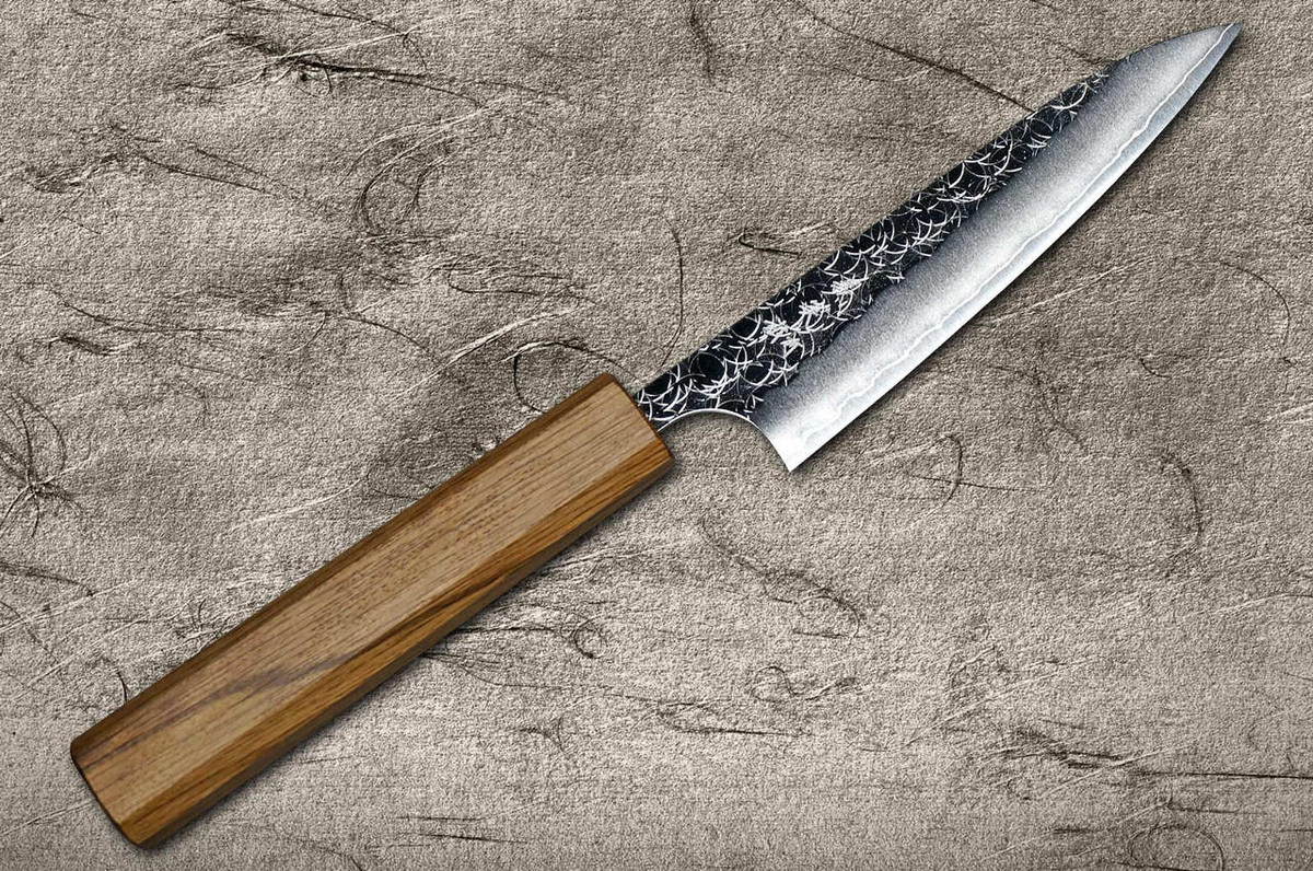 Yoshimi Kato R2 MINAMO Hammered OK8N Japanese Chef's Petty Knife(Utility) 120mm with Urushi Lacquered Oak Handle Natural Color 