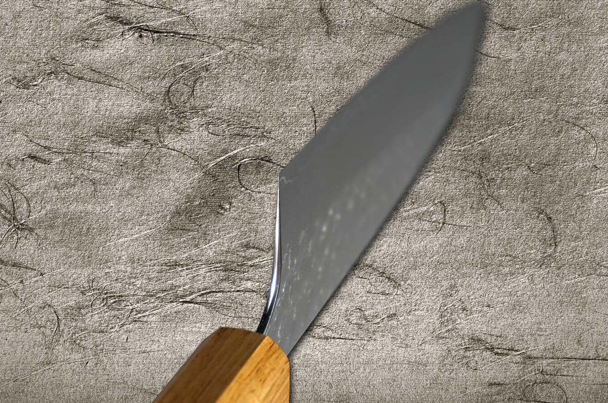Yoshimi Kato R2 MINAMO Hammered OK8N Japanese Chef's Santoku Knife 170mm with Urushi Lacquered Oak Handle Natural Color 