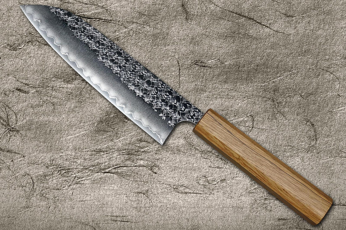 Yoshimi Kato R2 MINAMO Hammered OK8N Japanese Chef's Santoku Knife 170mm with Urushi Lacquered Oak Handle Natural Color 