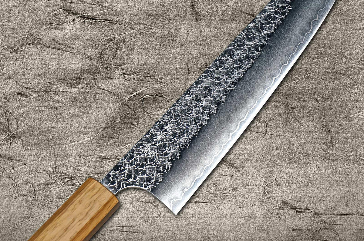 Yoshimi Kato R2 MINAMO Hammered OK8N Japanese Chef's Gyuto Knife 210mm with Urushi Lacquered Oak Handle Natural Color 