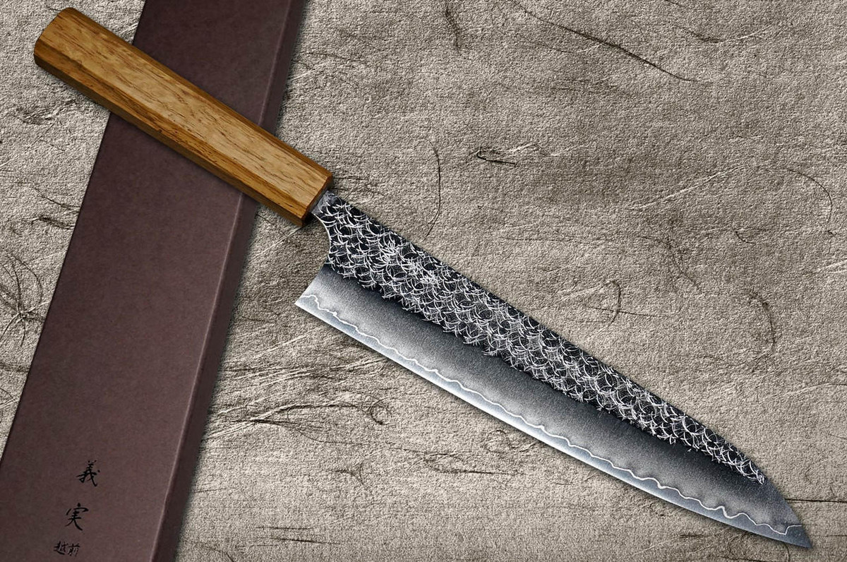 Yoshimi Kato R2 MINAMO Hammered OK8N Japanese Chef's Gyuto Knife 210mm with Urushi Lacquered Oak Handle Natural Color 