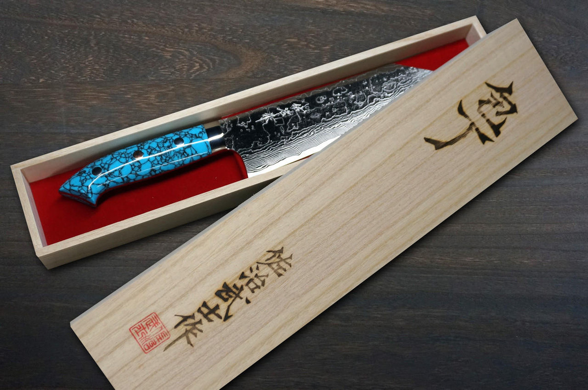 Takeshi Saji R2 Diamond Finish Damascus NNM Japanese Chef's Bunka Knife 180mm with Blue Turquoise Handle Nomura Special 