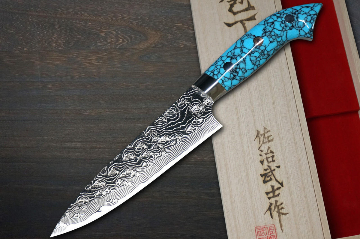 Takeshi Saji R2 Diamond Finish Damascus NNM Japanese Chef's Petty Knife(Utility) 130mm with Blue Turquoise Handle Nomura Special 