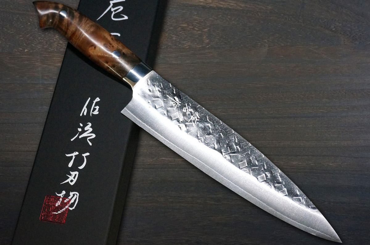 Takeshi Saji SRS13 Mirror Hammered NNM Japanese Chef's Gyuto Knife 240mm with Karin Lump Handle Nomura Special 