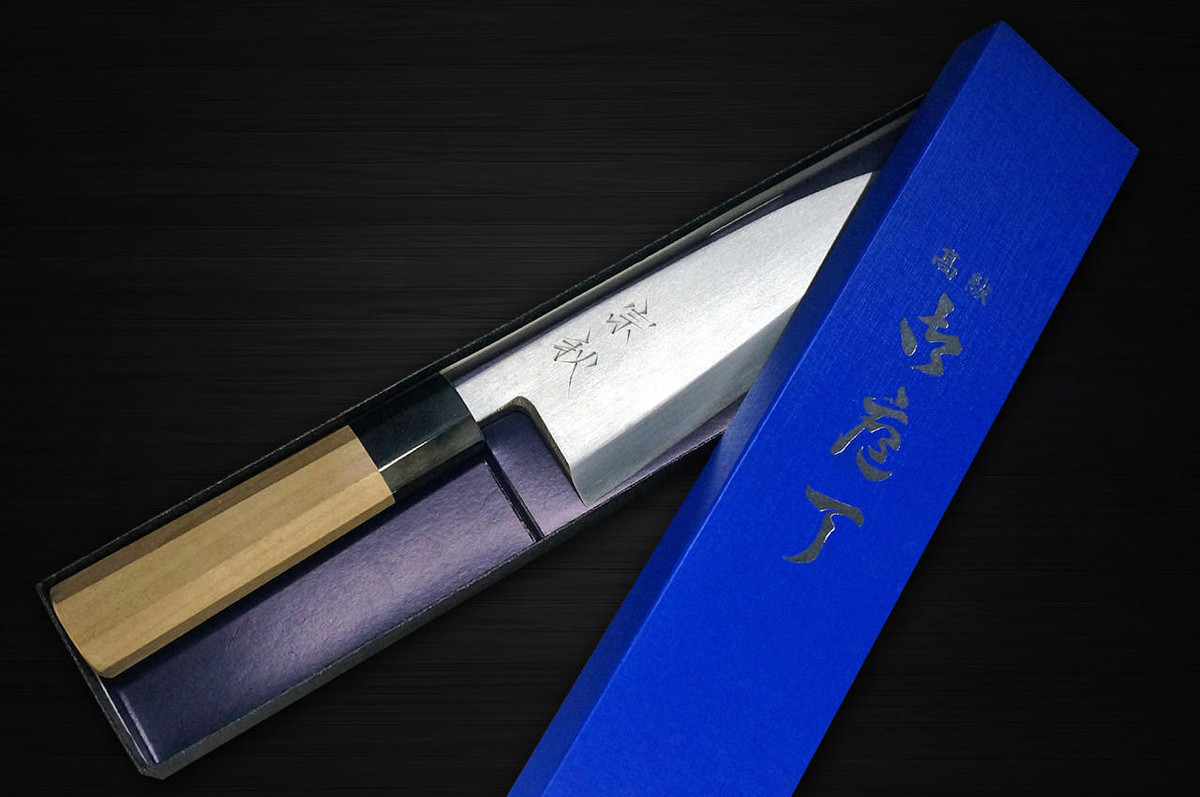 Muneaki White Steel Migaki Japanese Chef's Deba Knife 180mm with Buffalo Tsuba Magnolia Wood Handle 