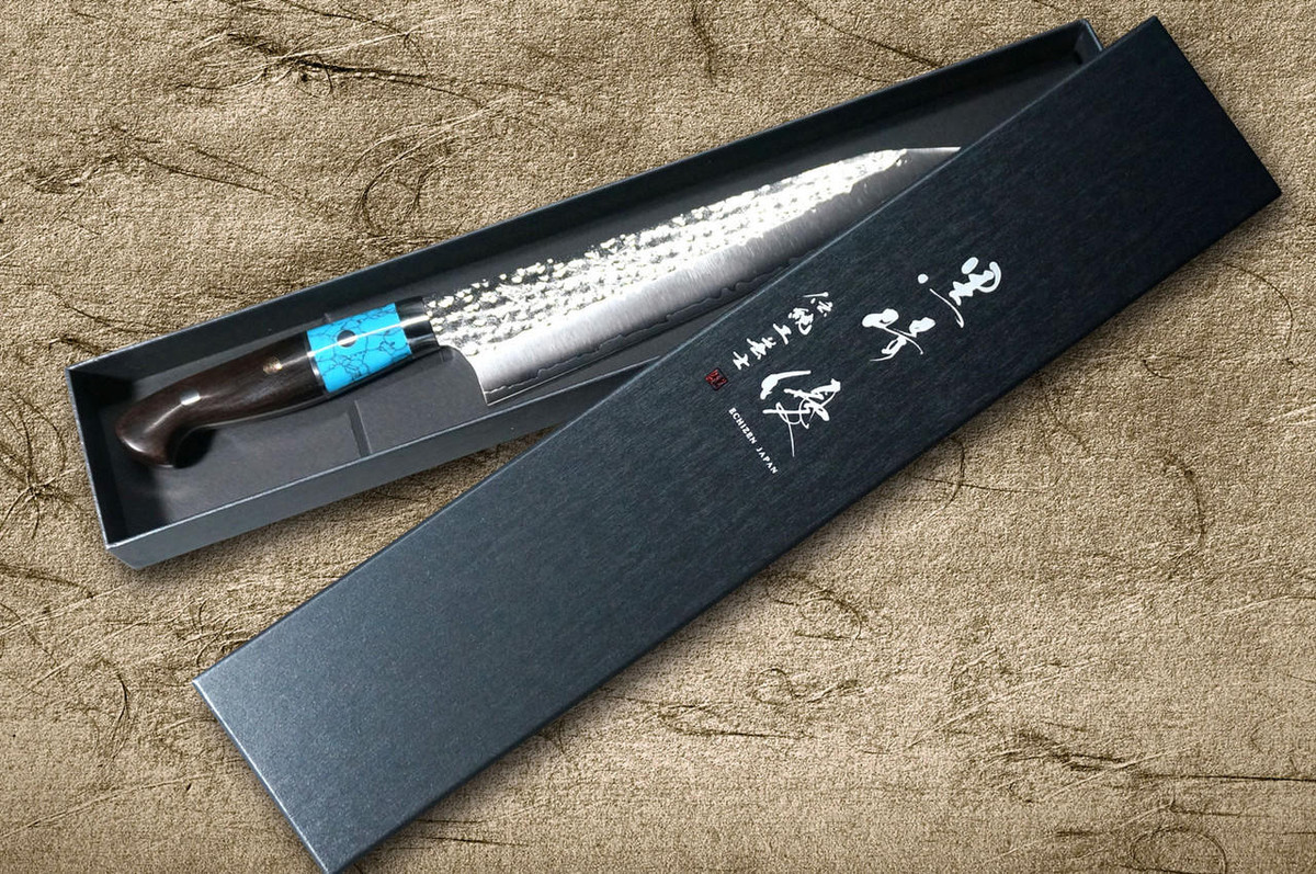 Yu Kurosaki R2(SG2) Hammered SENKO-EI Custom TCAEB Japanese Chef's Bunka Knife 165mm with Blue Turquoise & Ebony Handle 