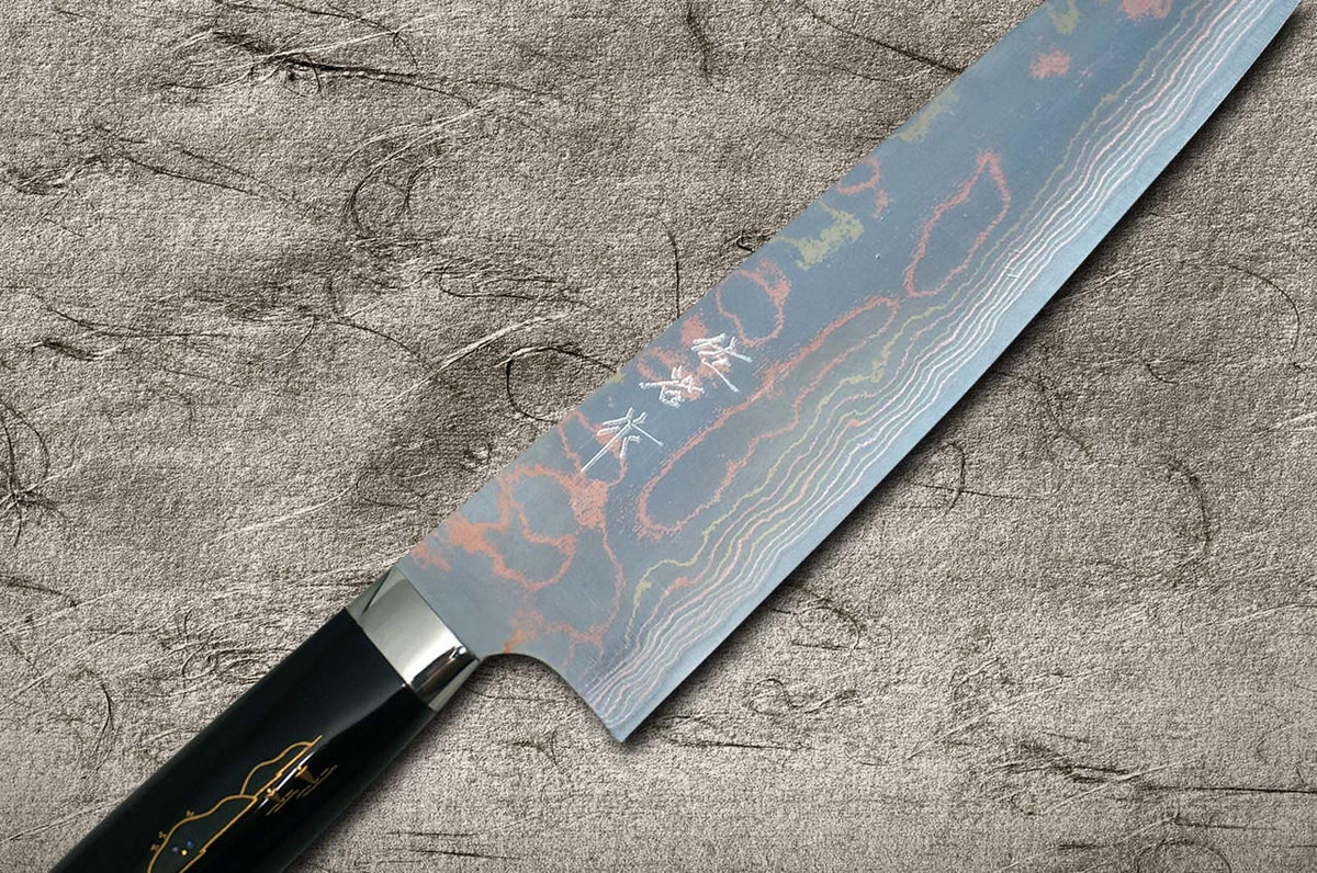 Takeshi Saji Makie-Art Aogami No.2 Colored Damascus Japanese Chef's Gyuto Knife 210mm with Urushi Lacquered Saya and Custom Handle FUJI on LAKE(PN-BT) 