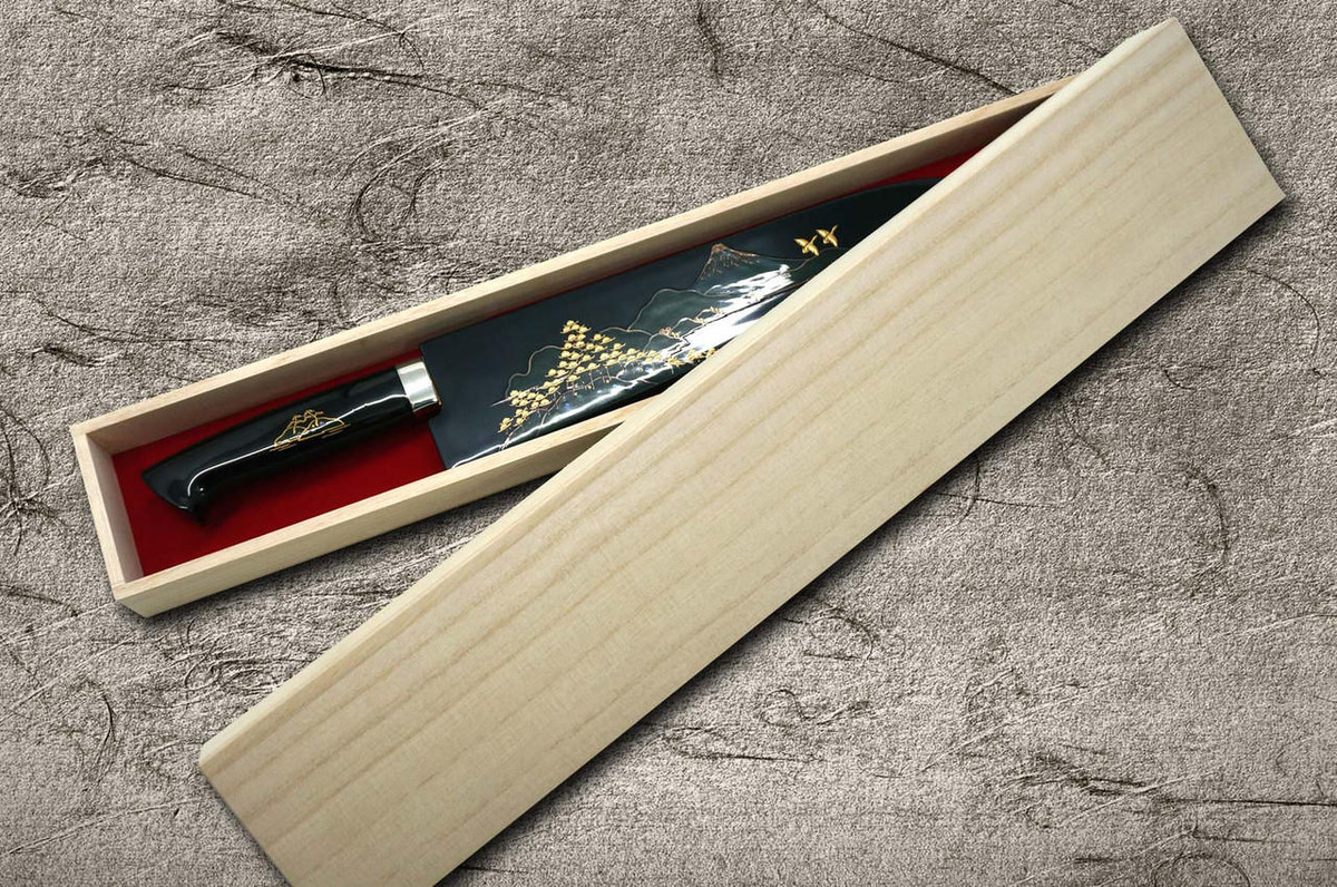 Takeshi Saji Makie-Art Aogami No.2 Colored Damascus Japanese Chef's Gyuto Knife 210mm with Urushi Lacquered Saya and Custom Handle FUJI on LAKE(PN-BT) 
