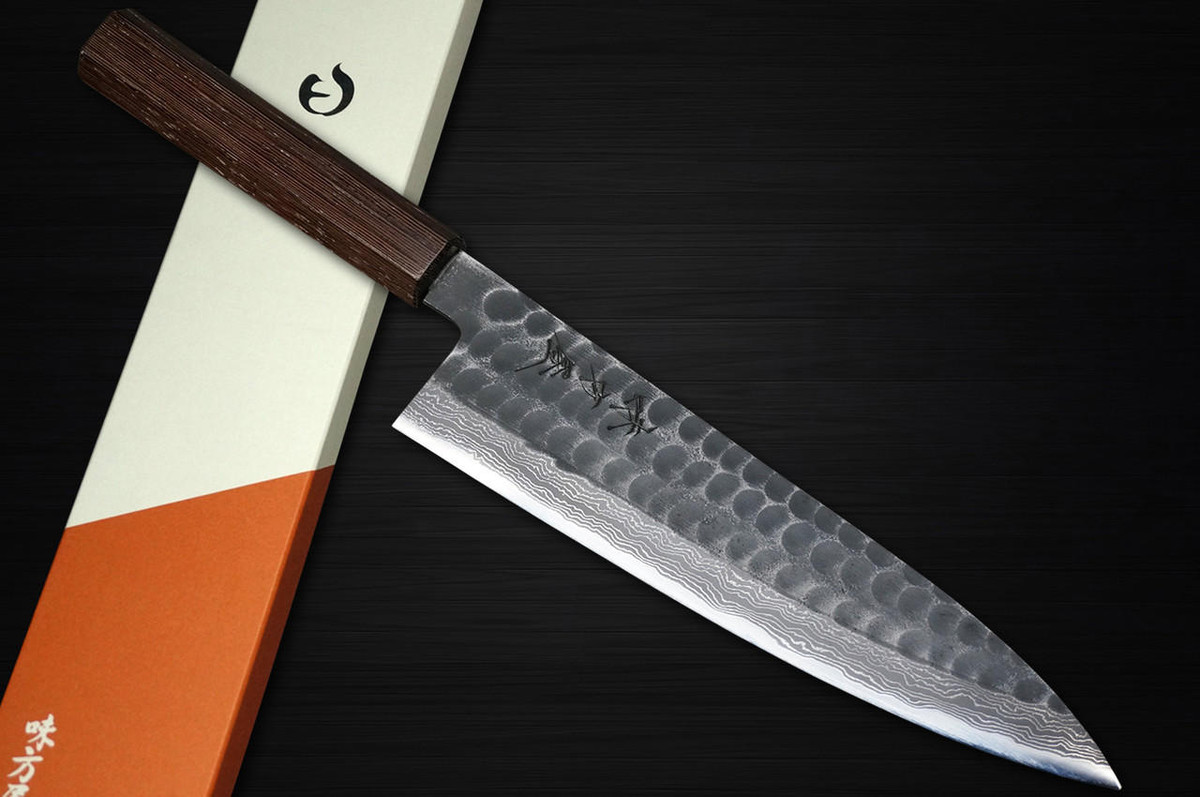 Hinoura AJIKATAYA Shirogami #2 Kurouchi Tsuchime Japanese Chef's Gyuto Knife 210mm with Wenge Handle 