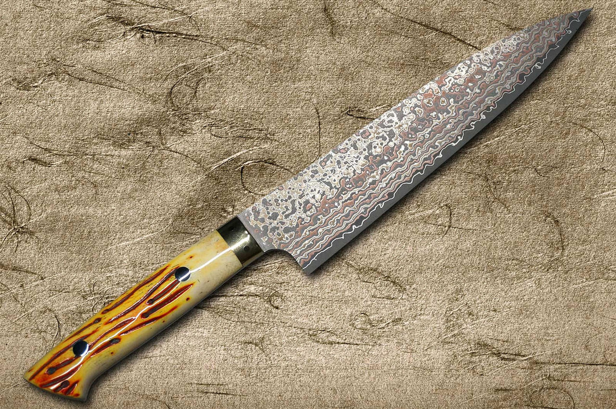 Takeshi Saji VG10W Colored Damascus Nashiji DHO Japanese Chef's Gyuto Knife 210mm with Orange Antler Handle 