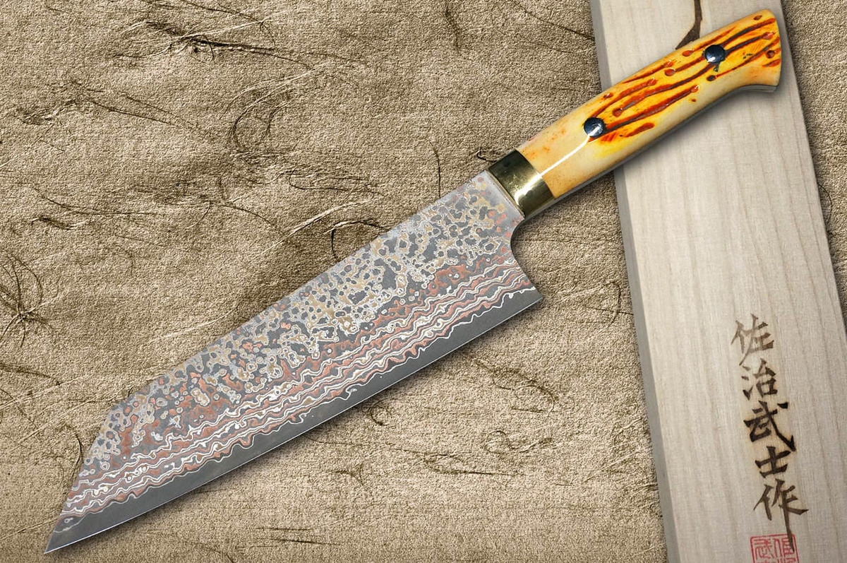 Takeshi Saji VG10W Colored Damascus Nashiji DHO Japanese Chef's Bunka Knife 180mm with Orange Antler Handle 