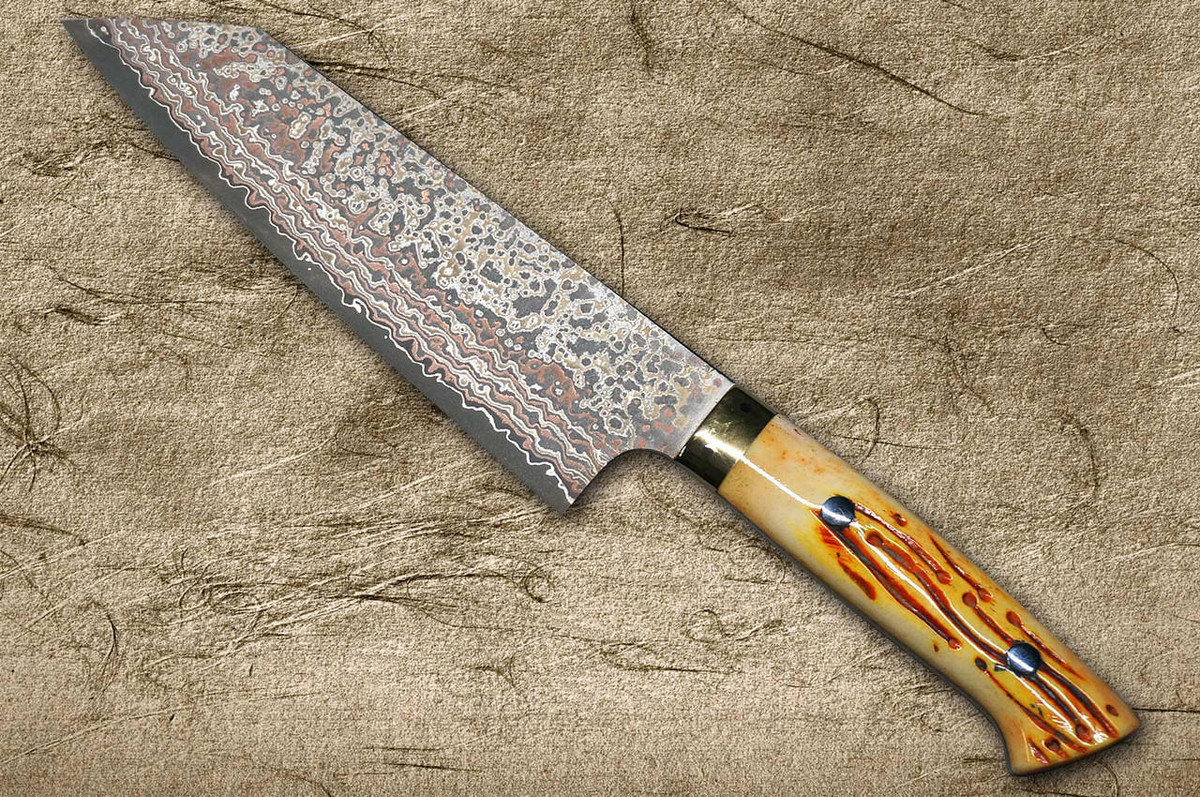 Takeshi Saji VG10W Colored Damascus Nashiji DHO Japanese Chef's Bunka Knife 180mm with Orange Antler Handle 