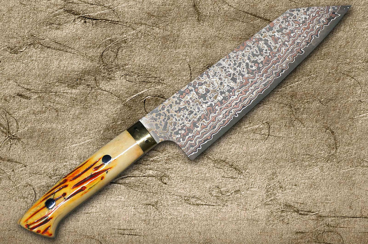 Takeshi Saji VG10W Colored Damascus Nashiji DHO Japanese Chef's Bunka Knife 180mm with Orange Antler Handle 