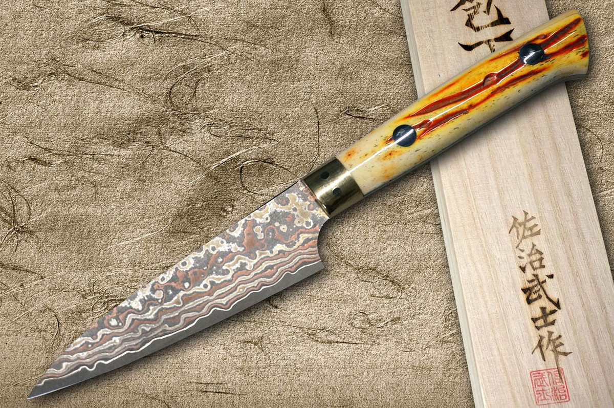 Takeshi Saji VG10W Colored Damascus Nashiji DHO Japanese Chef's Petty Knife(Utility) 90mm with Orange Antler Handle 