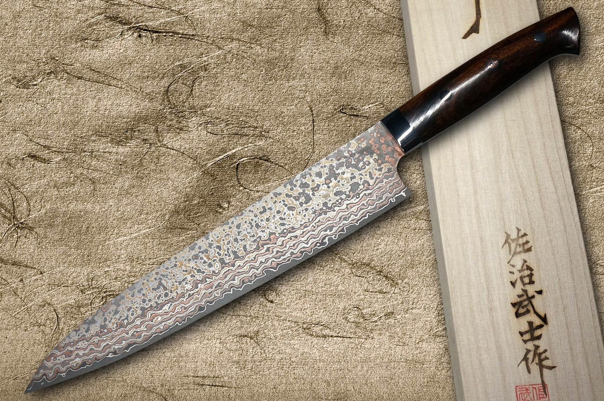 Takeshi Saji VG10W Colored Damascus Nashiji IRN Japanese Chef's Gyuto Knife 240mm with Desert Ironwood Handle 
