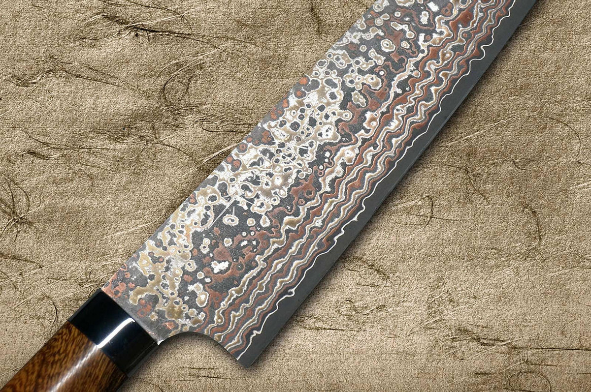 Takeshi Saji VG10W Colored Damascus Nashiji IRN Japanese Chef's Gyuto Knife 210mm with Desert Ironwood Handle 