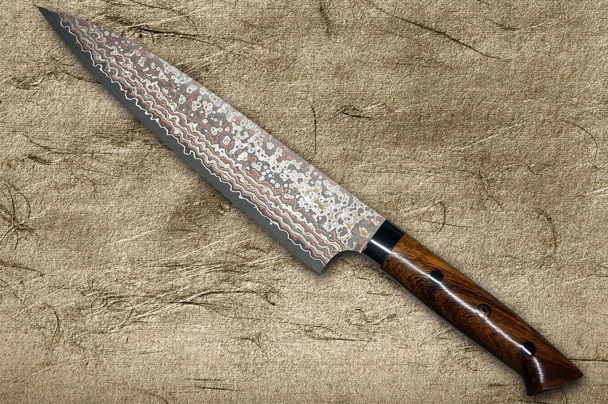 Takeshi Saji VG10W Colored Damascus Nashiji IRN Japanese Chef's Gyuto Knife 180mm with Desert Ironwood Handle 