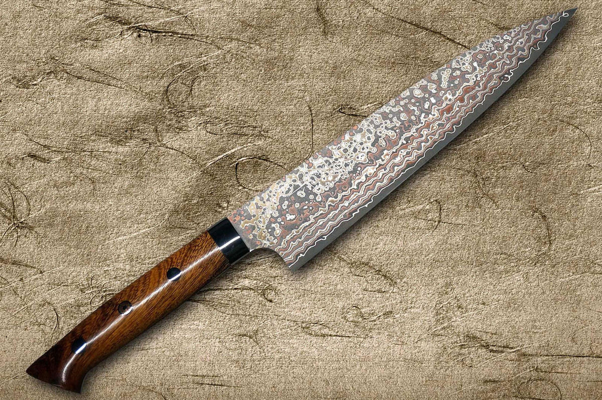 Takeshi Saji VG10W Colored Damascus Nashiji IRN Japanese Chef's Gyuto Knife 180mm with Desert Ironwood Handle 