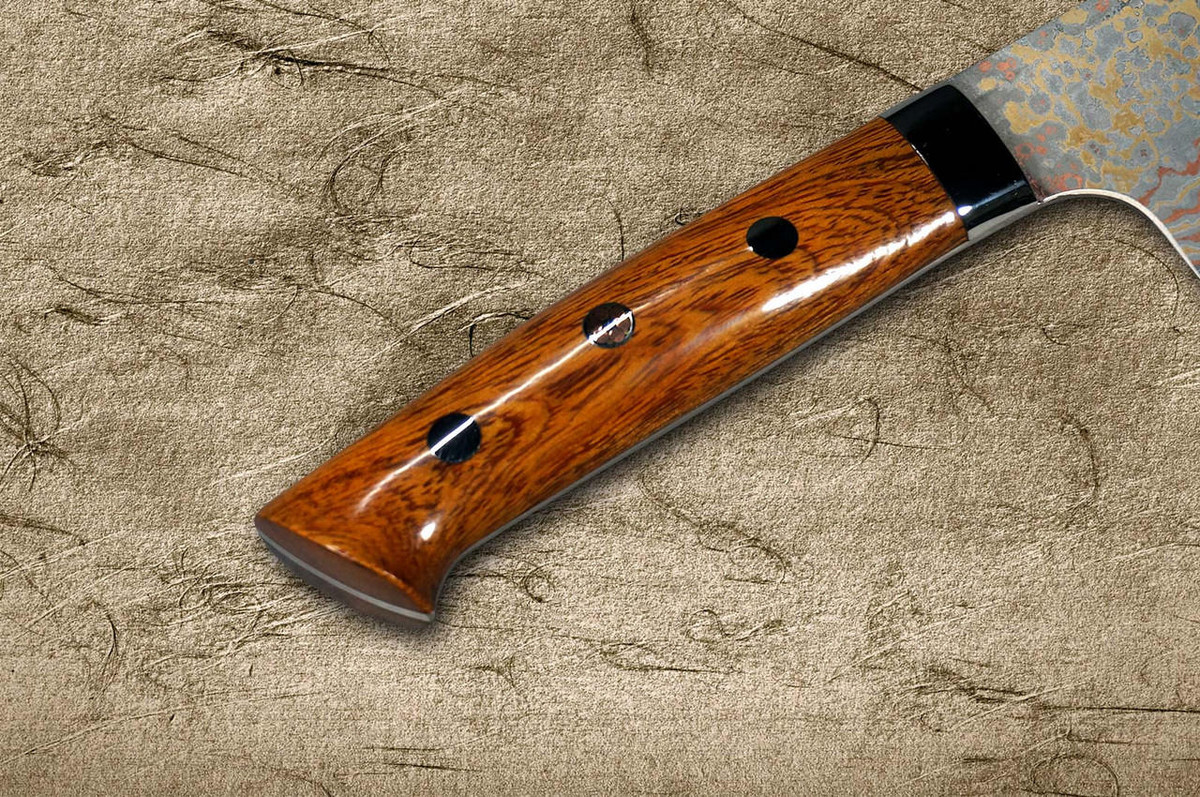 Takeshi Saji VG10W Colored Damascus Nashiji IRN Japanese Chef's Bunka Knife 180mm with Desert Ironwood Handle 